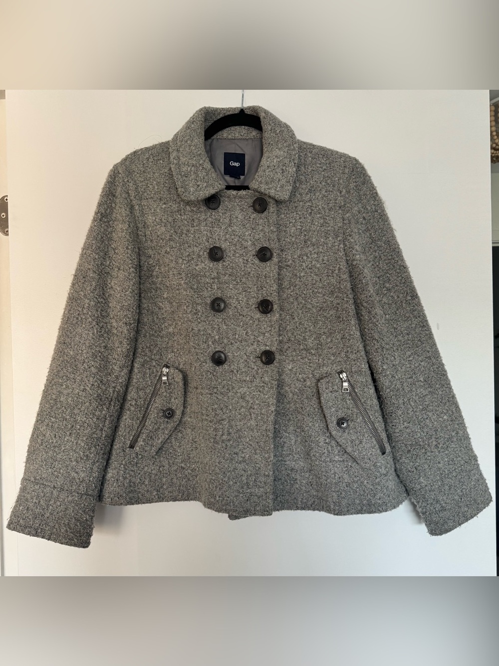 Gap Grey Wool Blend Double-Breasted Peacoat Jacket | Size L | Quilted Lining
